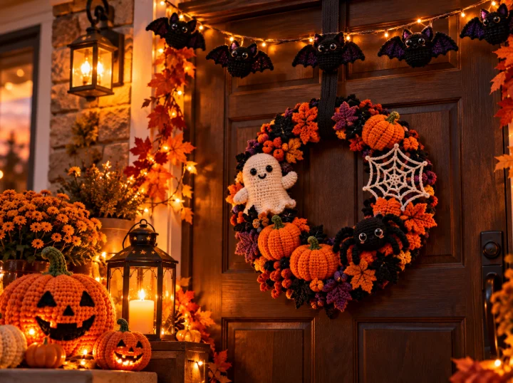 Gehäkelter Halloween-Türkranz und Girlanden