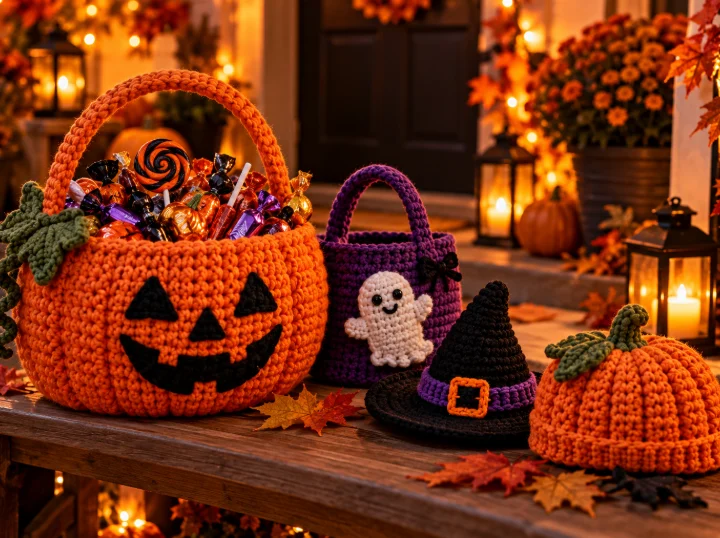 Gehäkelte Süßigkeiten-Körbchen für Halloween